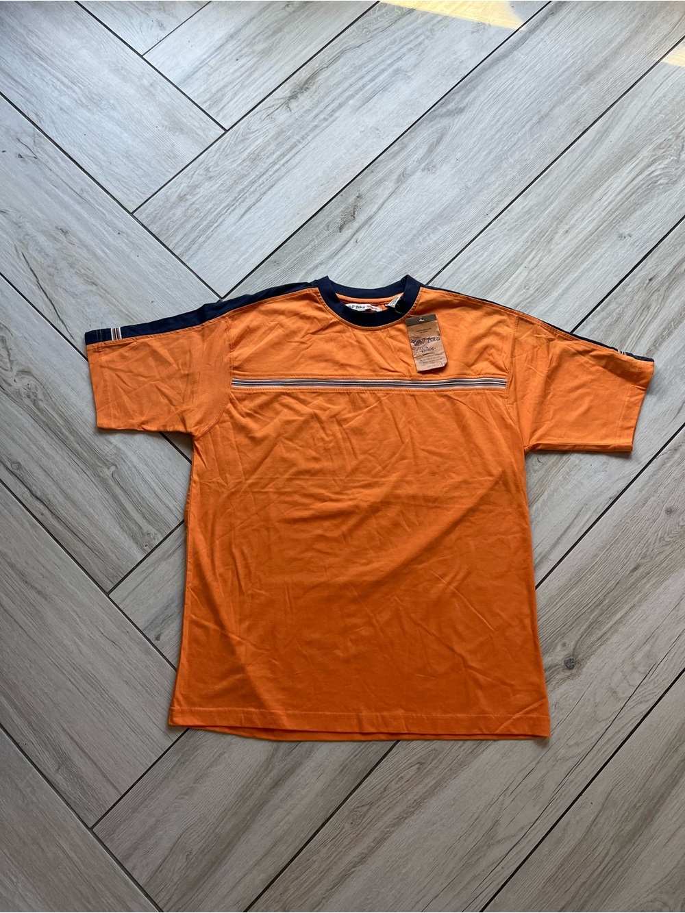 Point Zero Vintage Men's Orange Crew Neck Shirt with Navy Trim Size Large